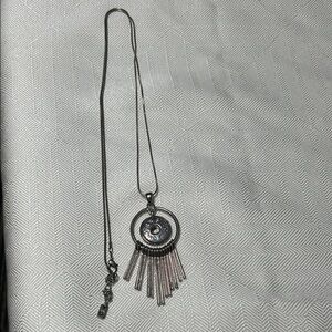 Ginger Snap Elegant Silver Pendant Necklace with Fringe 32”